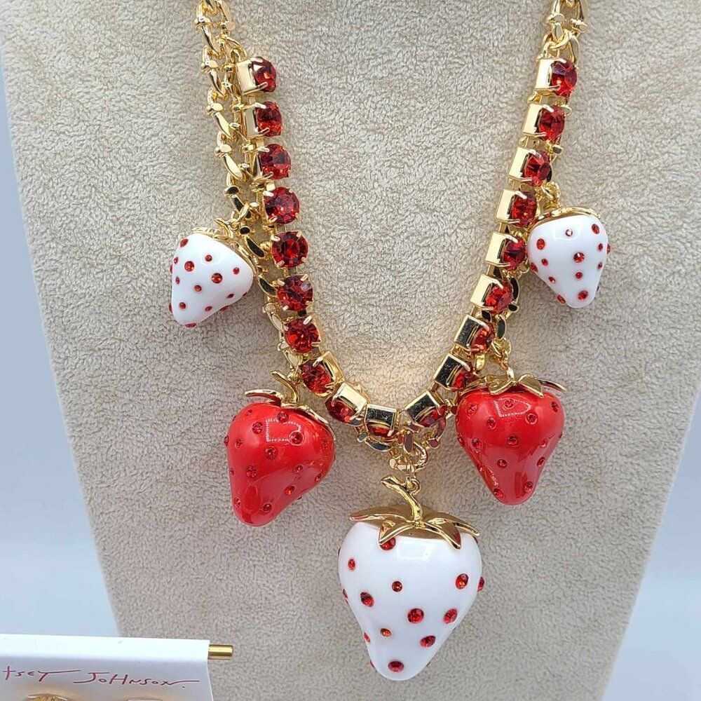 Betsey Johnson Enamel Red Crystal Strawberry Necklace & Earring Set NWT! NEW! - Picture 3 of 12